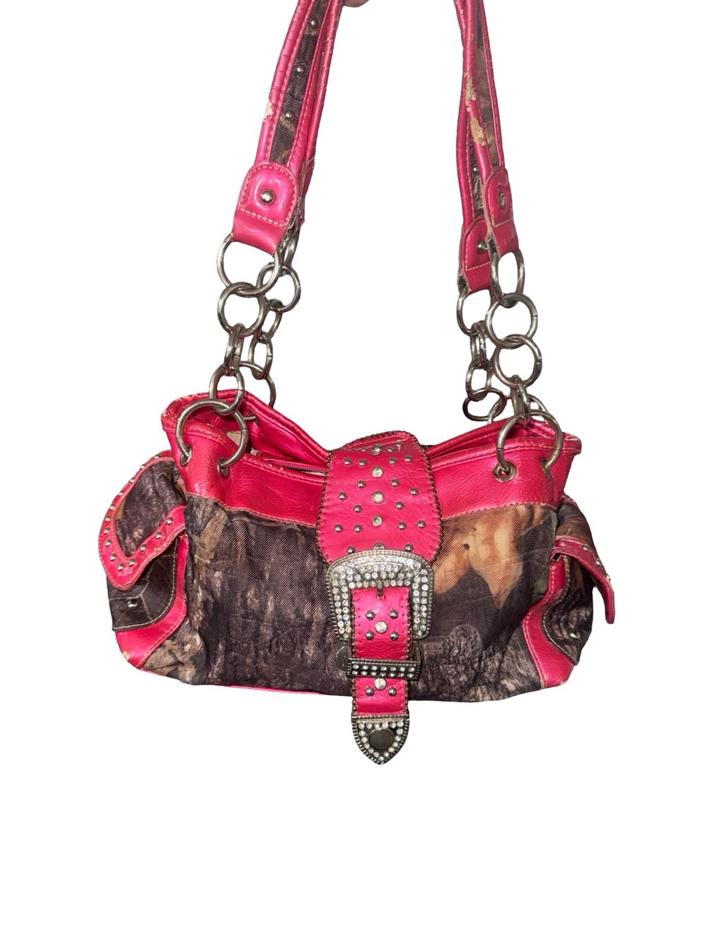Y2K Pink Camo Rhinestone Buckle Western Shoulder Bag Purse